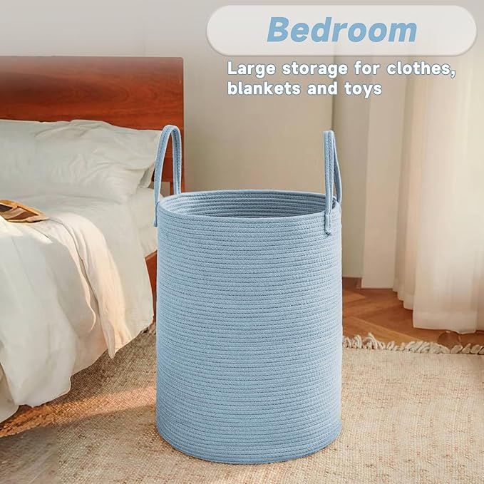 Large Woven Laundry Basket Hamper,100L Cotton Rope Storage Bin for Blankets,Toys and Clothes,Decorative Tall Nursery Hamper for Living Room,Baby Nursery,Bathroom and Bedroom,Blue