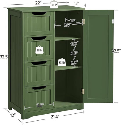 Yaheetech Wooden Bathroom Floor Cabinet, Side Storage Organizer Cabinet with 4 Drawers and 1 Cupboard, Freestanding Entryway Storage Unit Console Table, Bathroom Furniture Home Decor, Green