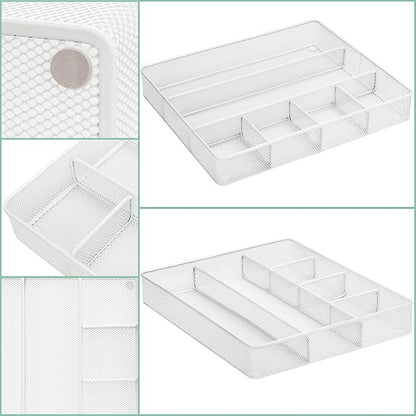 Annova Desk Top Organizer Tray for Office Organization - Metal Mesh - Storage Tray with Dividers for Pens, Desktop Accessories, Bathroom, Kitchen, Makeup and Office Supplies (Large, White)