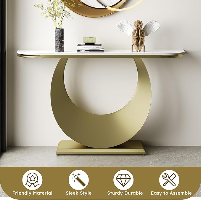 47.2" Premium Half-Console Table with Faux Marble Top & Gold Metal Base,Long Narrow Entryway Table for Hallway,Sofa Table & Accent Furniture for Foyer,Living Room,Bedroom,White & Gold