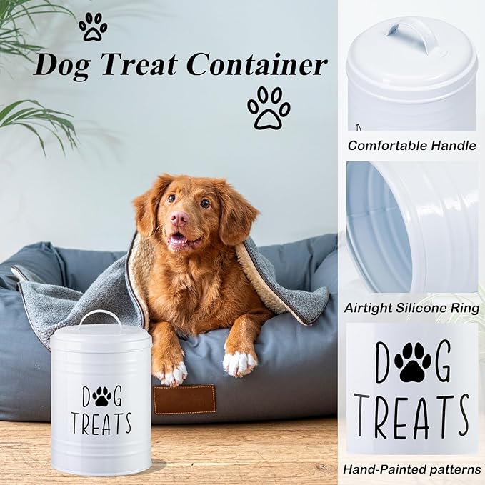 Dog Treat Container Airtight, Dog Treat Jar with Lid - 9x5.5'' Metal Dog Cookie Jar for Farmhouse Kitchen Counter, White Pet Treat Container, Dog Treat Storage Container for Dogs, Cats