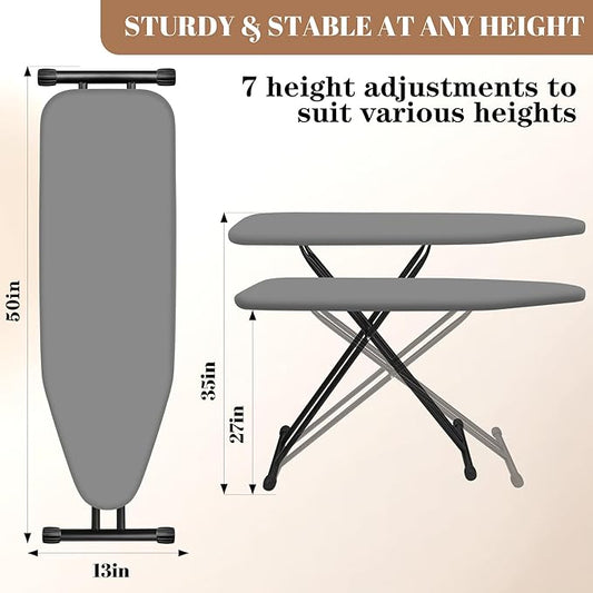 Ironing Board, Compact and Space Saver,Size 13 x 43, Metal Construction Ironing Boards with Extra Thick Heavy Duty Padded, Stable Structure,Skid Feet, Premium Iron Board (Grey)