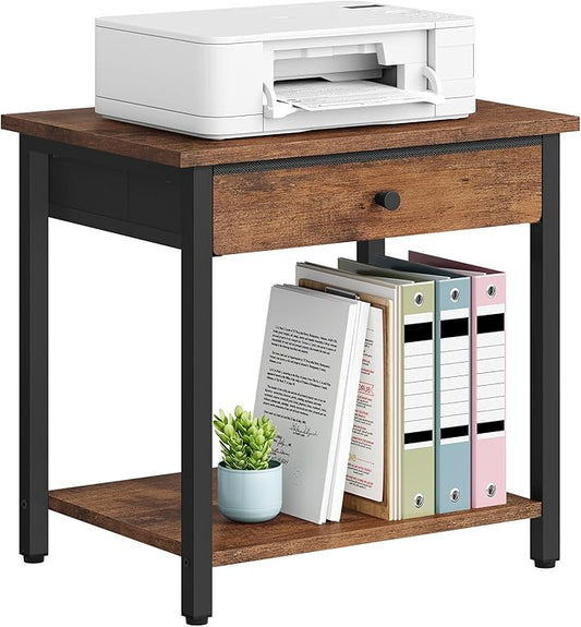 Printer Stand with Storage Drawer, 2-Tier Under Desk Printer Table, Shelf for Home Office, Living Room, Bedroom, Bathroom,Brown