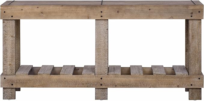 62.9-Inch Extra-Length Tabletop Vintage Entryway Table, Solid Cedar Wood Console Table with 6 Reinforced Legs, Metal Rivet Decor and Plank Under-Shelf for Hallway, Living Room (Natural-J41)