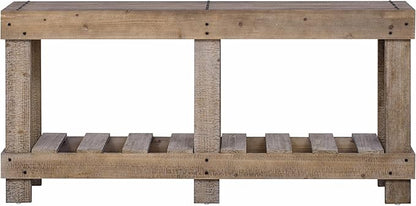 62.9-Inch Extra-Length Tabletop Vintage Entryway Table, Solid Cedar Wood Console Table with 6 Reinforced Legs, Metal Rivet Decor and Plank Under-Shelf for Hallway, Living Room (Natural-J41)