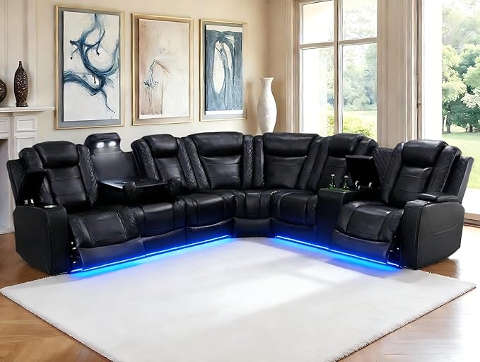 Power Recliner Sectional Sofa for Living Room, Leather Black Power Sectional Sofa with LED, Recliner Couch Sets with Read Lights, USB Charging, Cup Holders, Hidden Storage for Office/Home