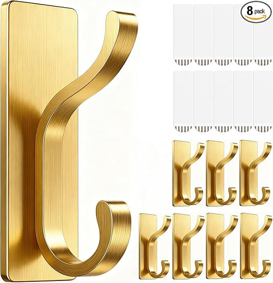 pickpiff Wall Hooks with Adhesive Strip - Easy to Remove, No Residue, Strong Heavy Duty Sticky Towel Hook, 8 Pack Brushed Gold