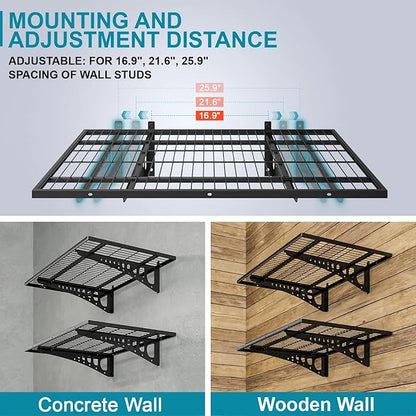 4-Pack 2×3ft(24×36 inch) Garage Wall Shelving, 1000 lbs Load Capacity, Garage Wall Mounted Shelves, Heavy Duty Shelf with Hooks, Black