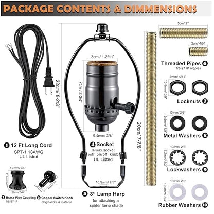 Lamp Making Kit,Make a Lamp or Repair Kit,3-Way Lamp Socket with Matching Cord Lamp Harp Set,Lamp Wiring Kit for Table Floor Lamp,Essential Hardware for DIY Lamp Design or Repair (Black, 1)