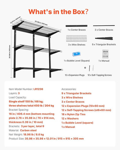 VEVOR 3-Tier Heavy Duty Wall Garage Shelving, 1 x 3 ft Steel Wall Mounted Shelving Unit, 11 x 36 Inch Per Shelf Floating Storage Metal Rack for Garage with 450 lbs Total Weight Capacity, Black
