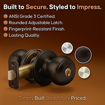 Copper Creek Colonial Entry Door Knob – Keyed Entry Handle with Lock and Key, ANSI Grade-3 Certified, DIY-Friendly Install for Interior and Exterior Entrance Doors – Tuscan Bronze (1 Pack)