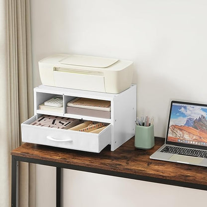 HOOBRO Desktop Printer Stand, Printer Stand Shelf Organizer with Drawer, Wooden Under Desk Printer Table, Storage Shelf, for Home Office White WT08PS01