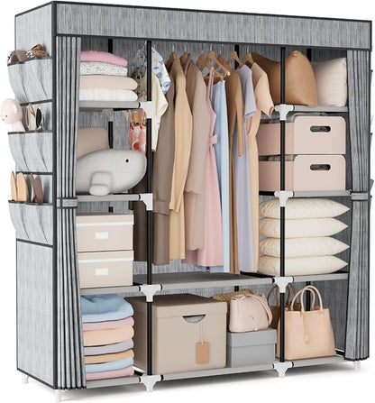 VTRIN Portable Closet Wardrobe for Hanging Clothes 57.3 Inch Large Capacity Clothes Rack with Cover, 10 Storage Organizer Shelves, 1 Hanging Rods and 6 Pockets, Free Standing Closet, Printing