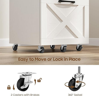 2 Drawer Small File Cabinet with Wheels, Farmhouse Vertical Filing Cabinet Fits A4/Letter Size, Under Desk Rolling File Cabinets for Home Office, Wooden Printer Stand, Rustic White