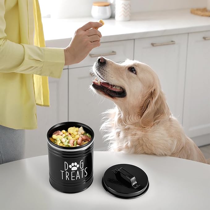 Small Dog Treat Container Airtight - 6" Tall X 4.9" Round Black Dog Treat Jar for Kitchen Counter - Rustic Treat Storage Canister for Dogs, Cats, Small Animals - Gifts for Pet Owners