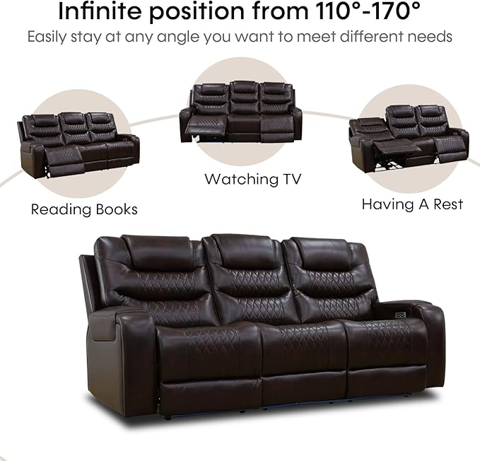 Power Recliner Sofa Set with LED Lights,Leather Reclining Sofa with Charge Port/Drop-Down Table/Storage Console/Cup Holder for Living Room/Office/Home Theater(3 Piece Set,Dark Brown)