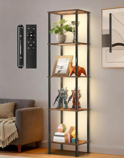 5 Tier Tall Display Shelves with LED Lights, Touch & Remote Control, Dimmable Display Cabinet, Open Bookshelf with 3 Color Temperature, Timer for Living Room, Bedroom, Home Decor