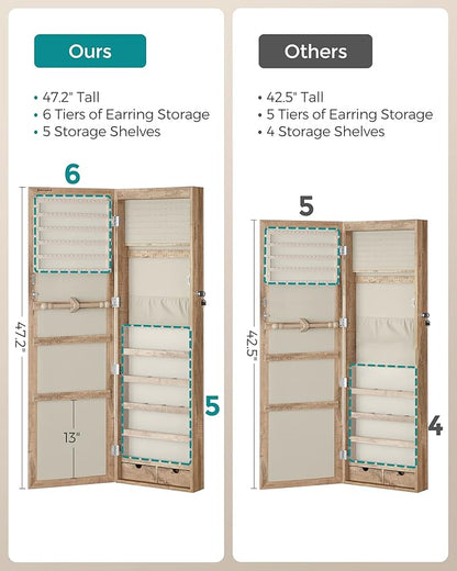 SONGMICS 6 LEDs Mirror Jewelry Cabinet, 47.2-Inch Tall Lockable Wall or Door Mounted Jewelry Armoire Organizer with Mirror, 2 Drawers, 3.9 x 14.6 x 47.2 Inches, Toasted Oak Color UJJC093N01