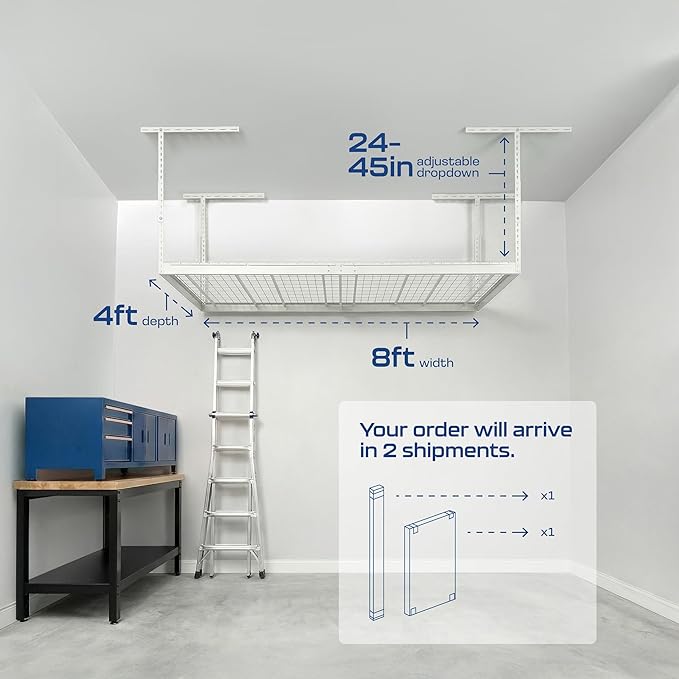 MonsterRax Overhead Garage Storage Rack - 4 x 8 Ceiling Shelving, Adjustable Hanging Racks, Color: White, 24"-45" Ceiling Drop.