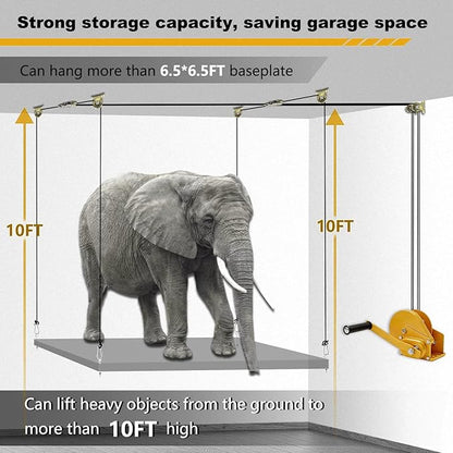 Overhead Garage Storage Lift, Upgrade Winch (No Gear Wear), Heavy Duty Ceiling Mounted Garage Storage Lift System for Organization, 300lbs, Fit for Bronco, Weight, Wrangler (Deck Not Includ)