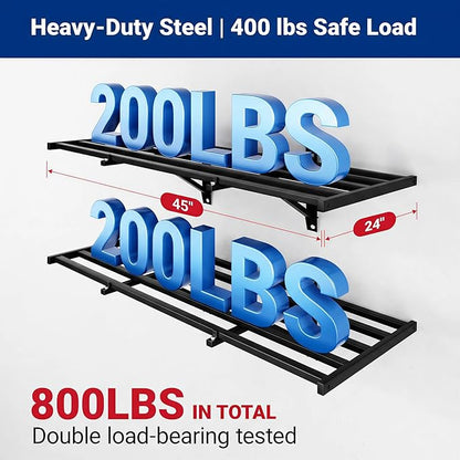 FLEXIMOUNTS 2x4ft Heavy Duty Garage Wall Shelving, 4-Pack Garage Shelving Wall Mounted with 8 Hooks, 400lbs Capacity, Storage for Power Tools, Garden Supplies, Storage Bins, Lite Series