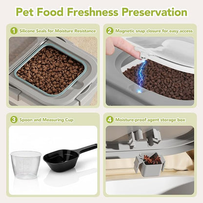 15 Lbs Dog/Cat Food Storage Container,Collapsible Food Storage Containers with Rolling Wheel Airtight Locking Lid,Pet Food Storage Container with Cup and Scoop,Grey