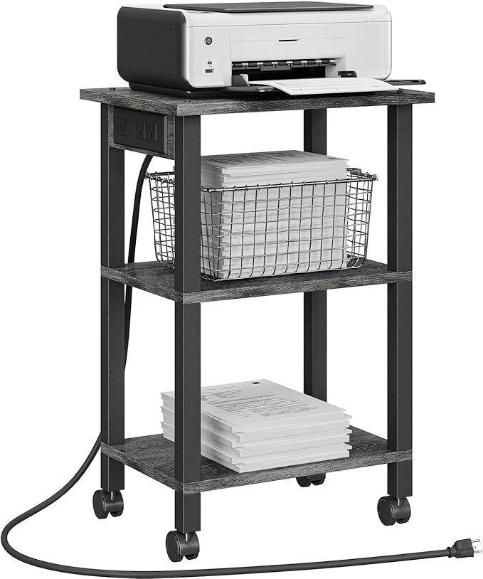TUTOTAK 3 Tier Printer Stand, Rolling Printer Cart with Power Outlets and USB Ports, Mobile Printer Table with Wheels, for Under Desk, Office, Home, Charcoal Grey PS02BY001