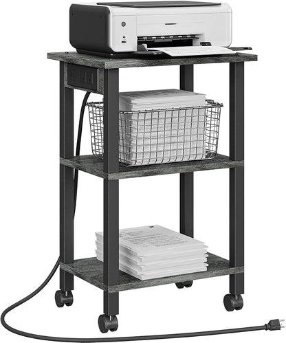 TUTOTAK 3 Tier Printer Stand, Rolling Printer Cart with Power Outlets and USB Ports, Mobile Printer Table with Wheels, for Under Desk, Office, Home, Charcoal Grey PS02BY001