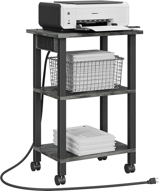 TUTOTAK 3 Tier Printer Stand, Rolling Printer Cart with Power Outlets and USB Ports, Mobile Printer Table with Wheels, for Under Desk, Office, Home, Charcoal Grey PS02BY001