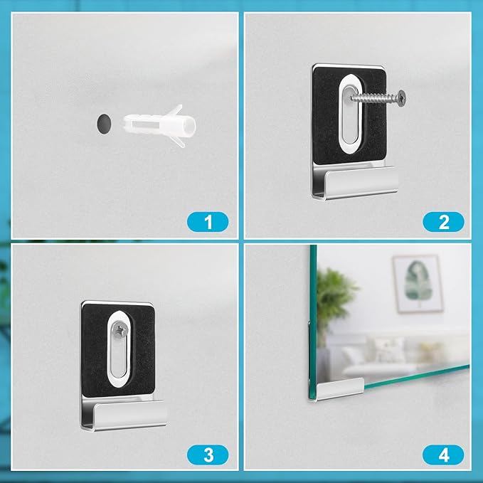 16pcs Metal Mirror Holder Kit, J Type Mirror Hanger Clip Kit with Screws Rubber Pads Mirror Hooks Heavy Duty Mirror Hanger Hardware for Frameless Mounting Wall Tile Billboard Display (Silver)