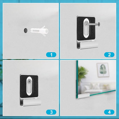 16pcs Metal Mirror Holder Kit, J Type Mirror Hanger Clip Kit with Screws Rubber Pads Mirror Hooks Heavy Duty Mirror Hanger Hardware for Frameless Mounting Wall Tile Billboard Display (Silver)