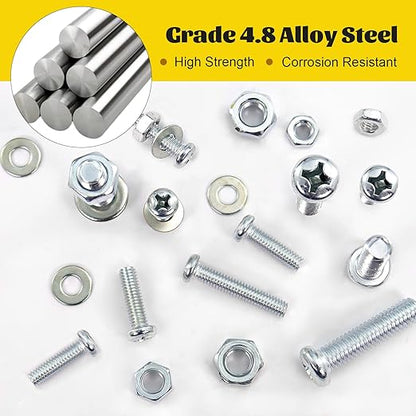 225pcs Screws and Nuts Assortment Kit,M4 M5 M6 Phillips Pan Head Assorted Nuts and Bolts,Washers Kit for Headboard, Wall Plate Switch, Receptacles Mounting Screws Silver