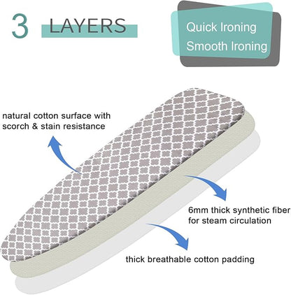 Ironing Board Cover and Pad, 18x49 Extra Wide Thick Iron Padding, Scorch & Stain Resistant Ironing board cover, Heavy Duty Iron Board Padded with Adjustable Fasteners Durable Elastic Edge, Quatrefoil