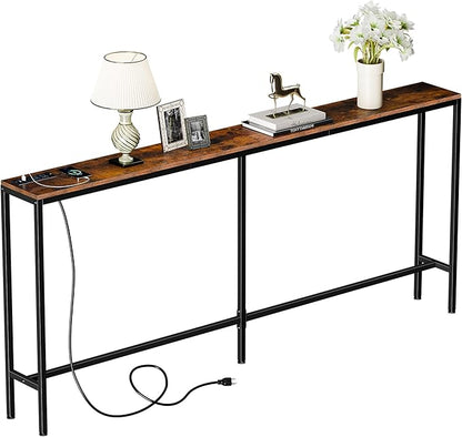 70.8" Console Table with Power Outlet, Wood Narrow Sofa Platform with Charging Station, Entryway Hallway Behind Couch Table with USB, for Living Room, Foyer, Rustic Brown