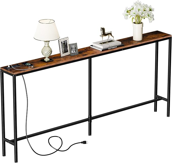 ZENY 70 Inch Console Table with Outlet, Narrow Sofa Table with Charging Station, Hallway Table for Living Room, Entryway, Foyer, Rustic Brown