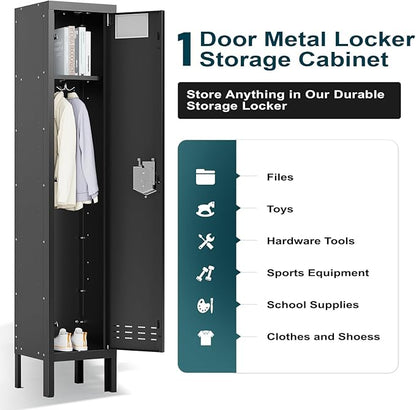 Metal Storage Locker with Lock & Card Slot Locker - Secure Lockable Door - Steel Locker for School, Office, Gym, Home - 66.15" H x 11.8" W x 11.8" D（1 Door, Black）