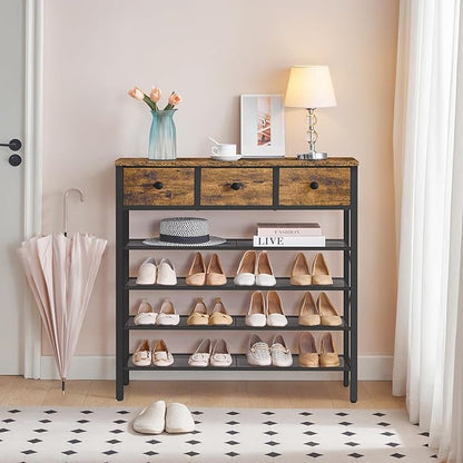 5-Tier Shoe Rack with 3 Drawers, Metal Shoe Organizer for 20 Pairs with Storage Shelves and Wooden Top, for Entryway, Hallway, Foyer, Closet, Rustic Brown and Black SS35BR