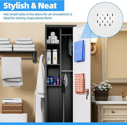 Broom Closet Storage Cabinet, 72" H Garage Storage Cabinet with Wheels, Lockable Door and Hooks for Garage Cleaning Supplies Broom Mops, Assembly Required,Black Gray