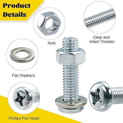 225pcs Screws and Nuts Assortment Kit,M4 M5 M6 Phillips Pan Head Assorted Nuts and Bolts,Washers Kit for Headboard, Wall Plate Switch, Receptacles Mounting Screws Silver