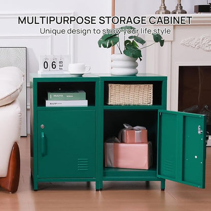 ALBAD Compact Metal Nightstand with Lockable Cabinet and Open Shelf, Modern Bedside Table, Versatile Side Table for Bedroom, Living Room, or Office (Green, 26" H-Lockable Door)