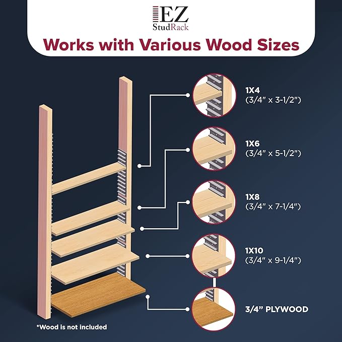 Made in USA EZStudRack Adjustable Shelf Brackets, 8-Pack (4 Pairs) – Easy-to-Adjust One-Row Storage for Custom-Fit Shelves – Your Items, Your Wood, You Supply It