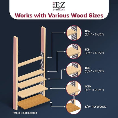 Made in USA EZStudRack Adjustable Shelf Brackets, 8-Pack (4 Pairs) – Easy-to-Adjust One-Row Storage for Custom-Fit Shelves – Your Items, Your Wood, You Supply It