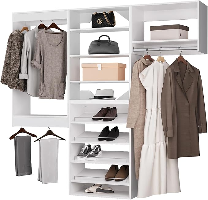 ROOMTEC Modular Closet System, 96" Wall Mounted Modern Closet Organizer with Hanging Rods and Shoe Shelf, Wooden Tower for Walk-In Closets, Wardrobe Storage Kit, White