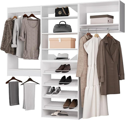 ROOMTEC Modular Closet System, 78" Wall Mounted Modern Closet Organizer with Hanging Rods and Shoe Shelf, Wooden Tower for Walk-In Closets, Wardrobe Storage Kit, White