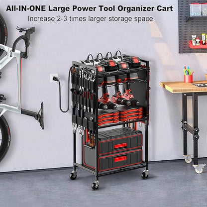 JUNNUJ Large Power Tool Organizer Cart with Charging Station, Garage Floor Standing Rolling Drill and Tools Battery Storage Cart on Wheels, Heavy Duty Rack Shelf with 8 Outlet Power Strip, Black