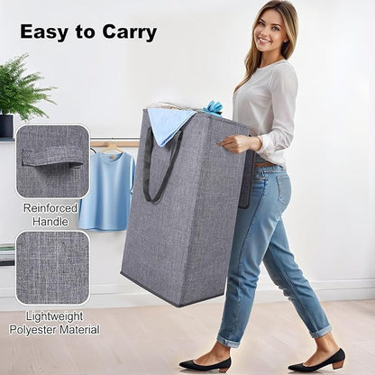 Odonata 75L Slim Laundry Hamper with Lid,Large Foldable Laundry Basket with Removable Bag and Handles Tall Collapsible Dirty Clothes Basket Great for Bedroom, Bathroom, Dorm, College,RV. (Grey, 75L)