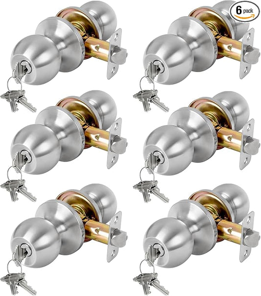 6 Pack Keyed Entry Door Knob with Lock and Key, Exterior and Interior Door Knob for Bedroom or Bathroom, Satin Nickel, Not Keyed Alike