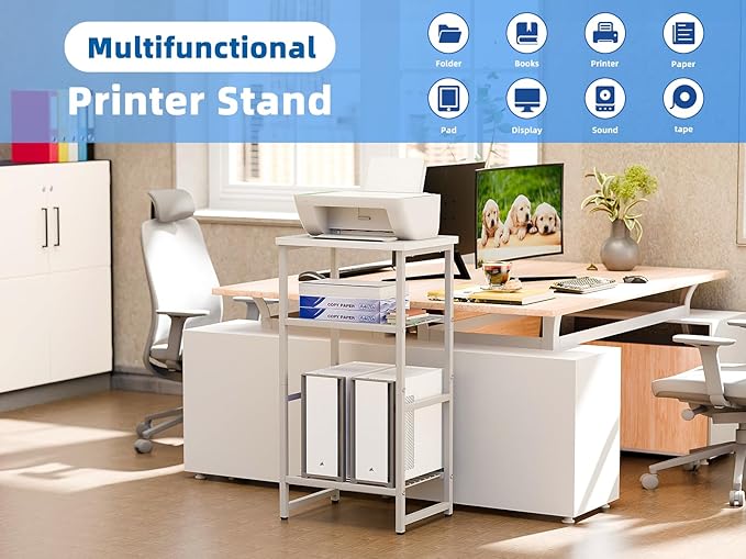 3 Tier Metal Printer Stand Shelf, White Side Table for Printer, Fax Marchine