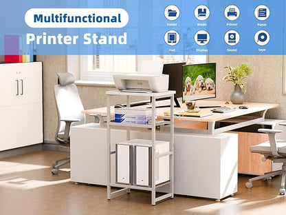 3 Tier Metal Printer Stand Shelf, White Side Table for Printer, Fax Marchine