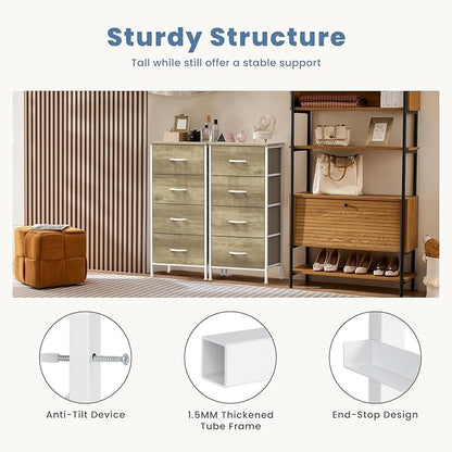 DUMOS Nightstand with 4 Drawers Bedside Table with Removable Fabric Bins Sturdy Steel Frame Wood Top Organizer Furniture for Bedroom Closet Living Room,Oak Greige